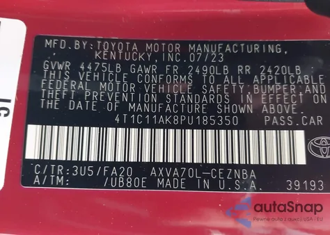 2023 Toyota Camry Le из США, поврежденный, VIN 4T1C11AK8PU185350